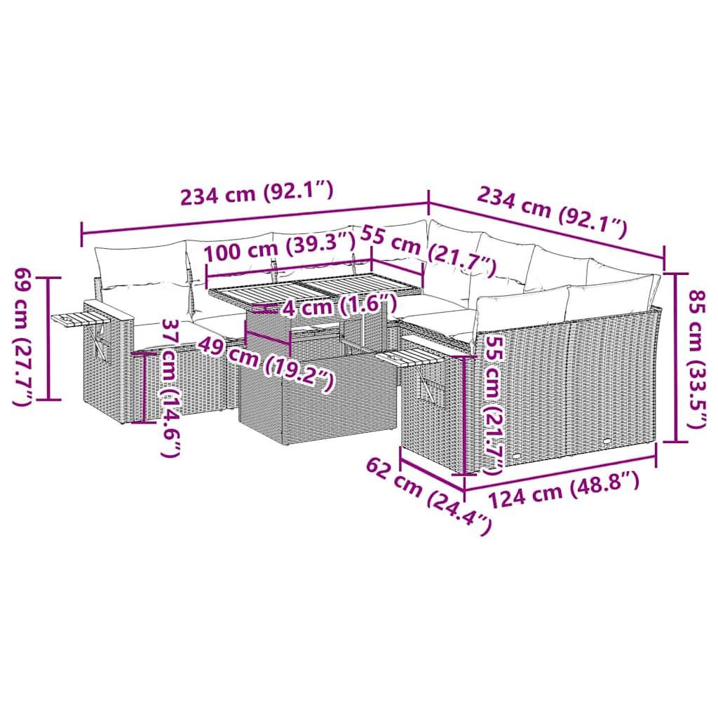 Outdoor-Terrassenmöbel-Set mit türkisfarbenen Kissen, bestehend aus einem Rattan-Ecksofa und einem rechteckigen Couchtisch auf einer gepflasterten Terrasse.