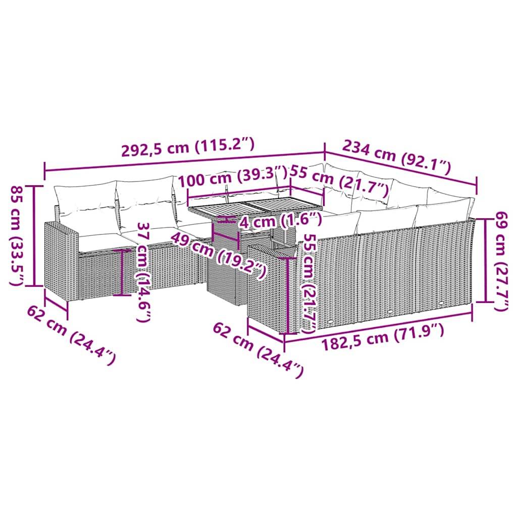 vidaXL 11-tlg. Garten-Sofagarnitur mit Kissen Schwarz Poly Rattan