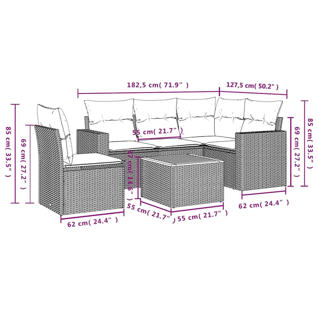 Outdoor-Rattanmöbel-Set Abmessungen: L-förmiges Sofa (182,5 cm x 127,5 cm), Sessel (69 cm x 62 cm) und Tisch (55 cm x 62 cm).