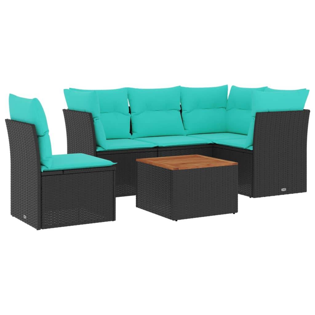 Schwarzes Outdoor-Lounge-Set mit Teal-farbigen Kissen für vier Personen. Inklusive quadratischem Couchtisch mit Holzplatte davor.