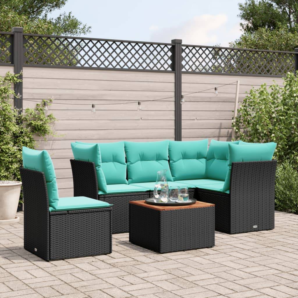 vidaXL 6-tlg. Garten-Sofagarnitur mit Kissen Schwarz Poly Rattan