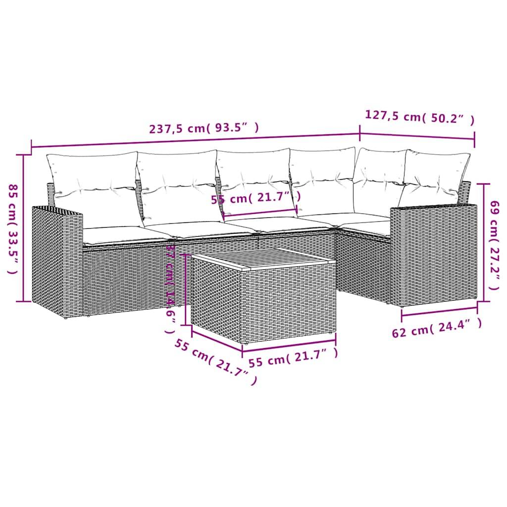 vidaXL 6-tlg. Garten-Sofagarnitur mit Kissen Schwarz Poly Rattan