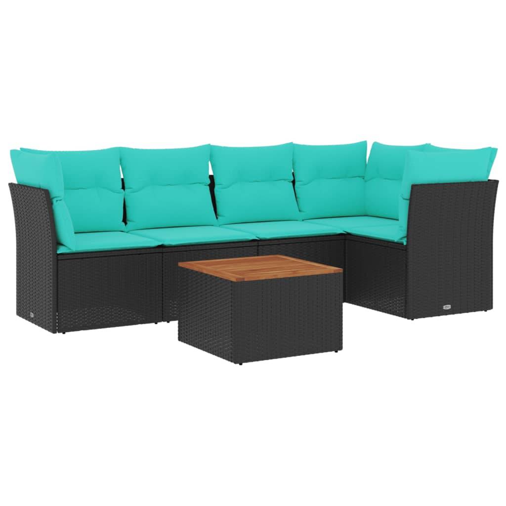Gartenmöbel-Set mit türkisfarbenen Kissen, bestehend aus einem modularen schwarzen Rattansofa und einem passenden quadratischen Couchtisch mit Holzplatte.