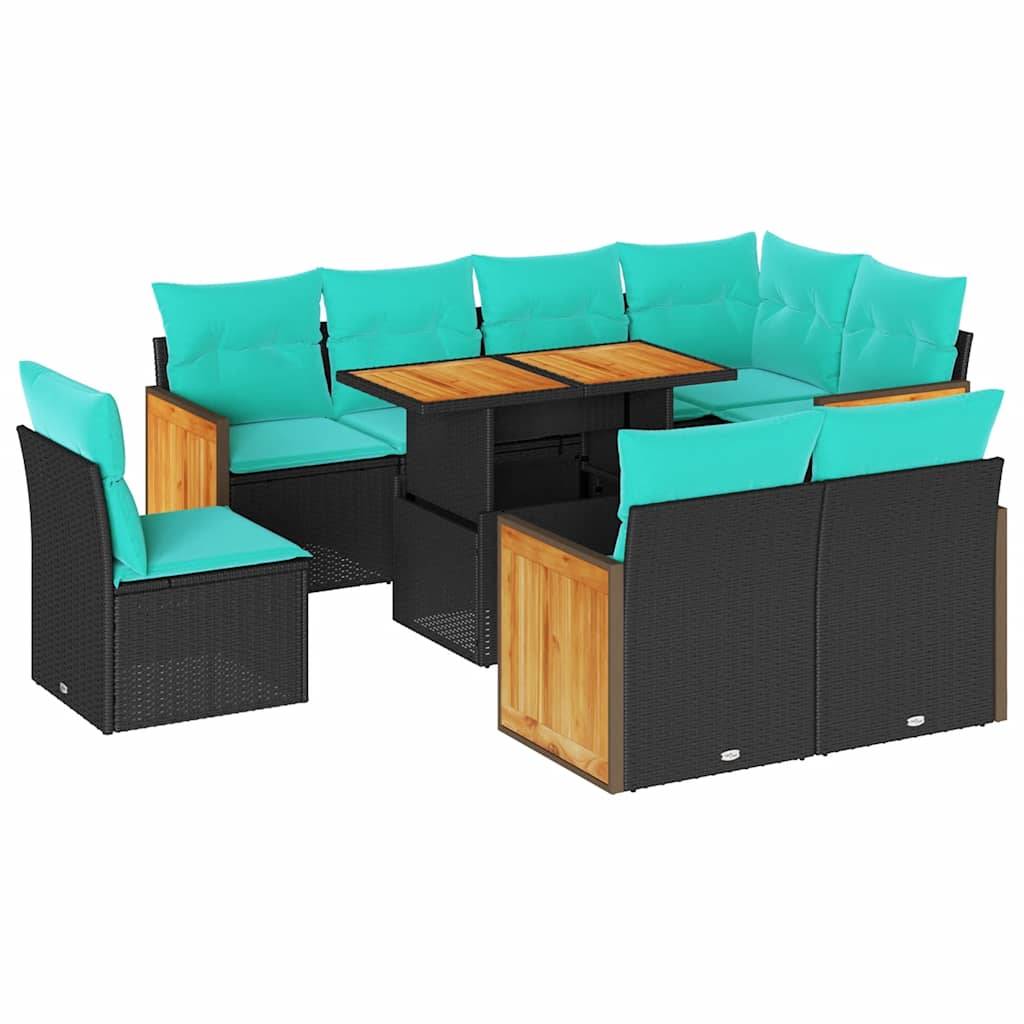 Modulare Outdoor-Terrassenmöbel mit türkisfarbenen Kissen, braunem Rattanrahmen und rechteckigem Holztisch. Geeignet zum Sitzen im Garten oder auf der Terrasse.