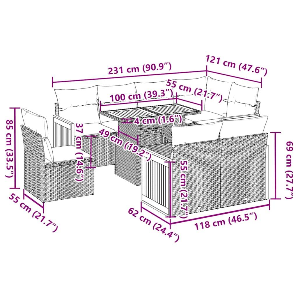 Illustration eines Rattan-Gartenmöbel-Sets mit Abmessungen. Umfasst acht Stühle und einen Tisch, beschriftet mit Maßen in Zentimetern und Zoll.