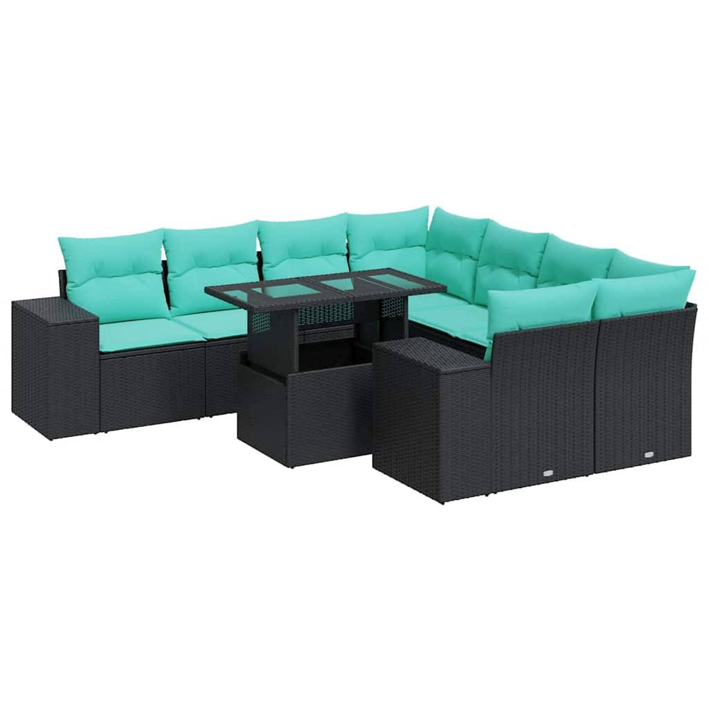 vidaXL 9-tlg. Garten-Sofagarnitur mit Kissen Schwarz Poly Rattan