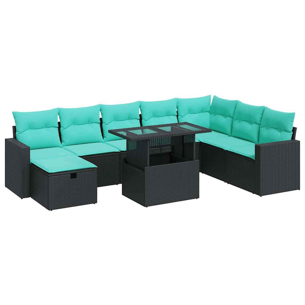 Gartengarnitur mit dunklem Rattangeflecht und leuchtend türkisfarbenen Kissen. Umfasst ein Ecksofa, einen Sitzkubus und einen Couchtisch mit Glasplatte.