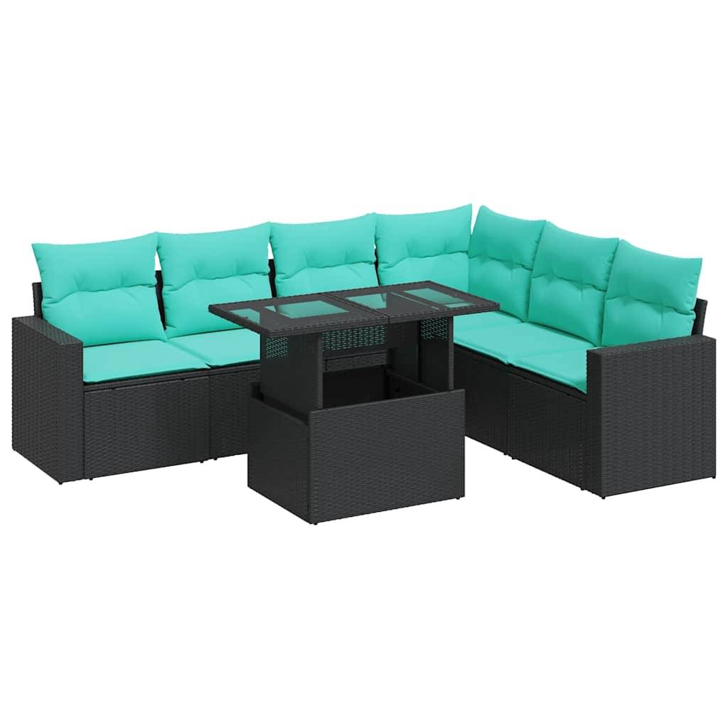 Outdoor-Terrassensatz mit türkisfarbenen Kissen auf einem schwarzen Polyrattan-L-förmigen Sofa und einem passenden schwarzen rechteckigen Glastisch.