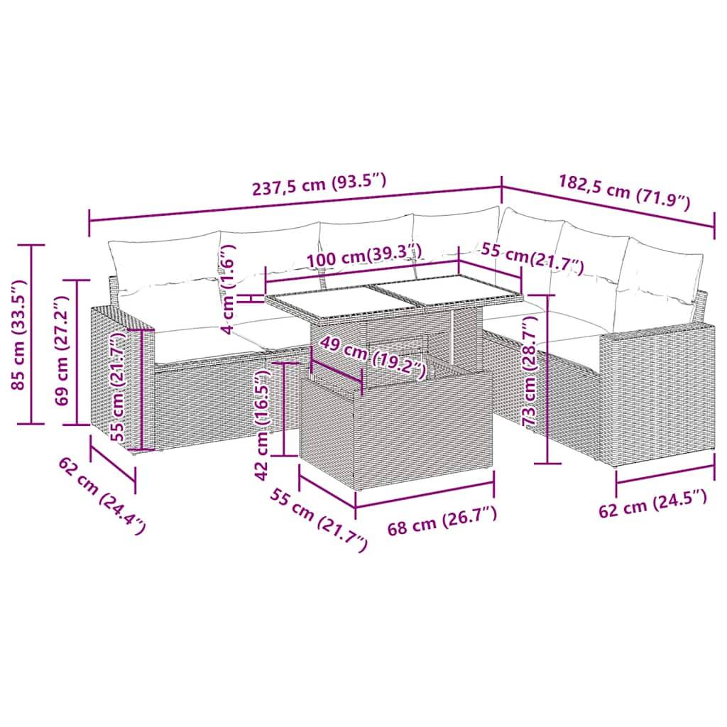vidaXL 7-tlg. Garten-Sofagarnitur mit Kissen Schwarz Poly Rattan Akazie