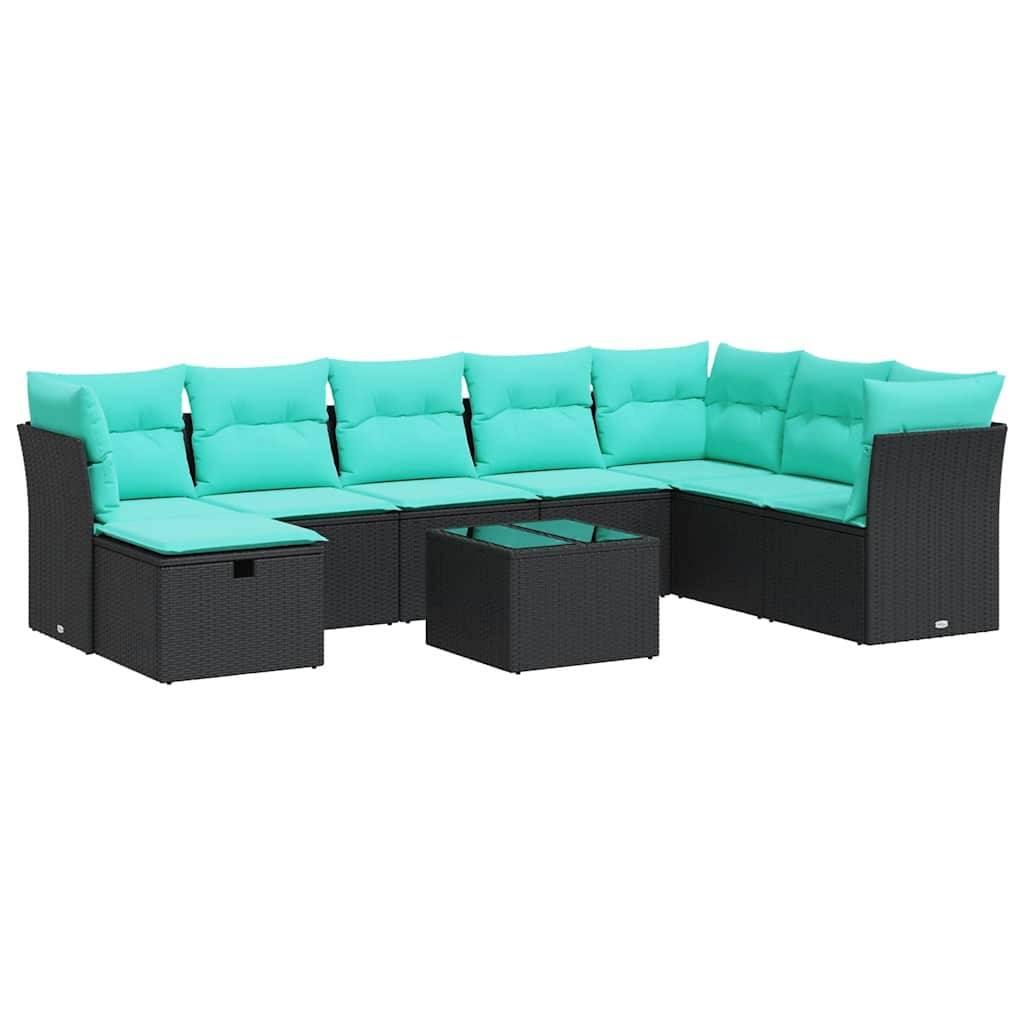 vidaXL 9-tlg. Garten-Sofagarnitur mit Kissen Schwarz Poly Rattan