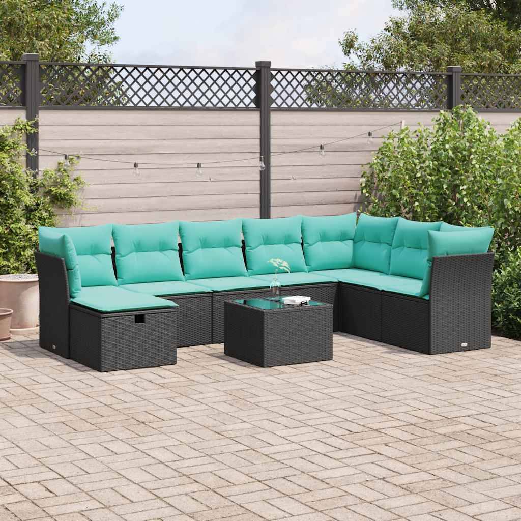 vidaXL 9-tlg. Garten-Sofagarnitur mit Kissen Schwarz Poly Rattan