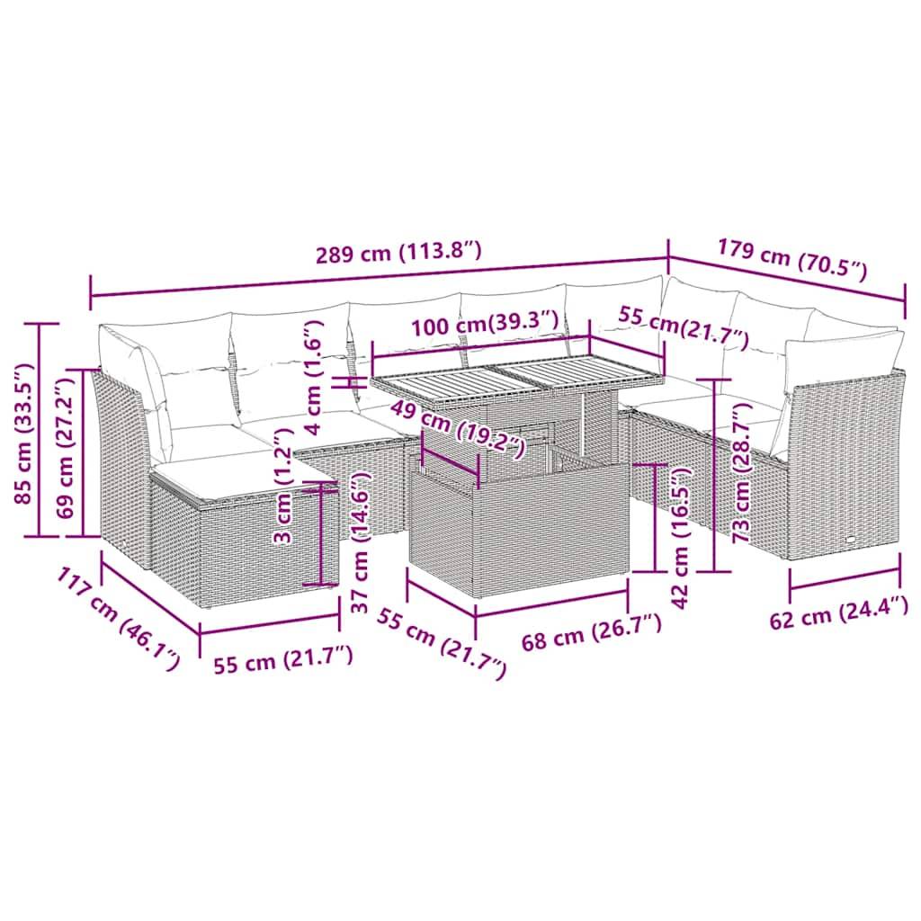 Rattangarnituren-Set für die Terrasse mit Ecksofa, Esstisch und Bank. Abmessungen in Zentimetern und Zoll als Referenz angegeben.