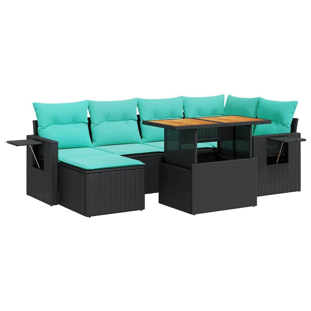 Outdoor-Polyrattan-Gartenmöbel-Set in Schwarz mit türkisfarbenen Kissen, bestehend aus einer Eckgarnitur, einem quadratischen Tisch und einem passenden Sitzkissen.