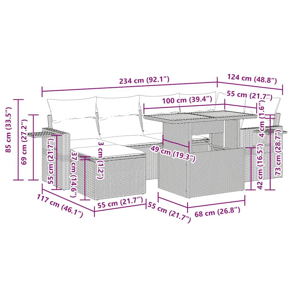 L-förmige Gartenmöbeldimensionen: 234 cm breites Sofa, 124 cm Ecke, 117 cm Seite. Tisch: 68 cm breit, mit Höhen 43 cm geschlossen, 73 cm offen.