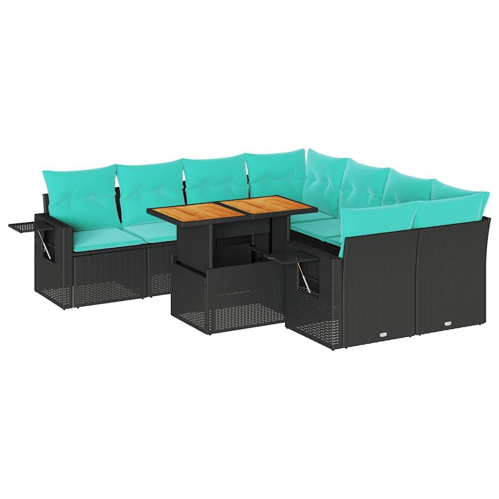 Outdoor-Loungesofa mit türkisfarbenen Polstern in L-Form angeordnet, mit einem zentralen schwarzen Rattan-Tisch mit Holzplatte.