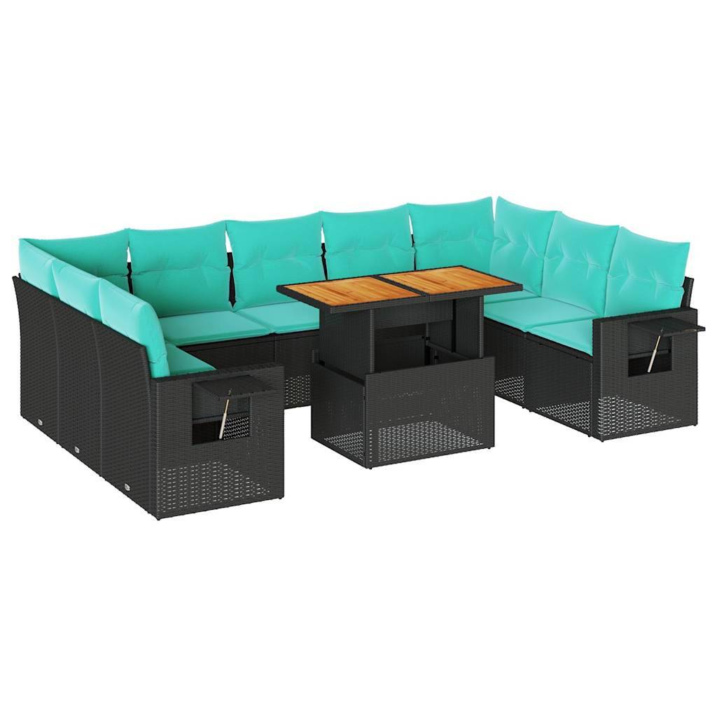 vidaXL 10-tlg. Garten-Sofagarnitur mit Kissen Schwarz Poly Rattan