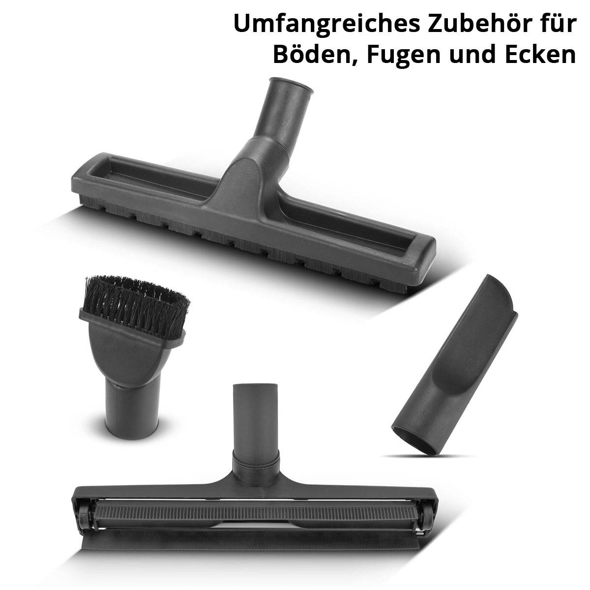 Staubsaugerzubehör einschließlich einer Bodendüse, einem Fugenwerkzeug, einer Rundbürste und einem flachen Bürstenkopf, gekennzeichnet mit „Umfangreiches Zubehör für Böden, Fugen und Ecken