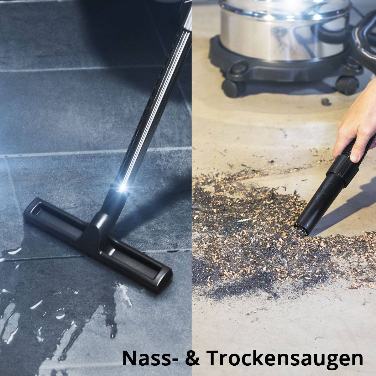 „Staubsauger demonstriert Nass- und Trockenreinigungsfähigkeiten; linke Seite zeigt nassen Boden wird gesaugt, rechte Seite zeigt trockene Verschmutzung wird gereinigt.