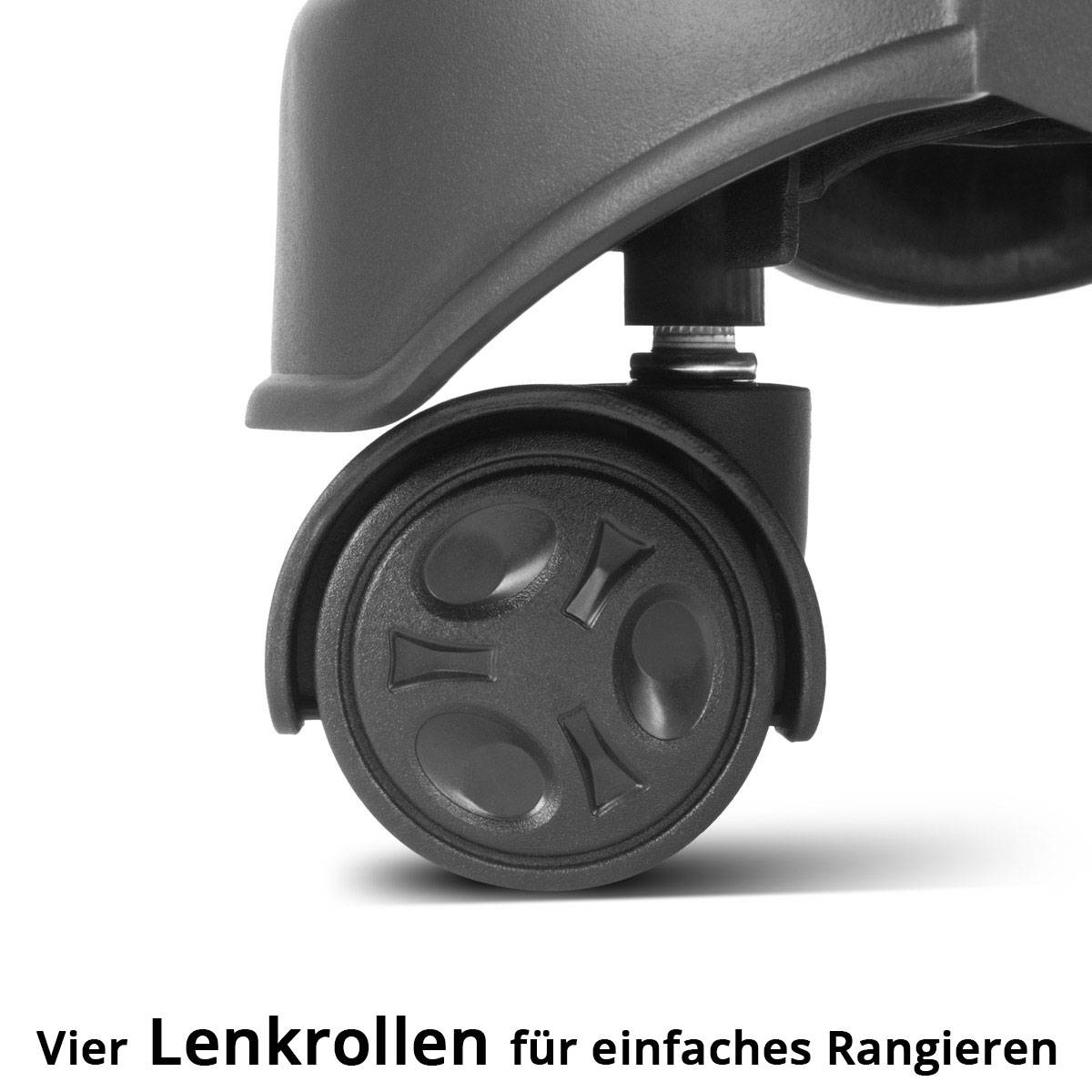 Ein Nahaufnahmebild einer Radplattform mit Fokus auf ein Lenkrad, begleitet von dem deutschen Text „Vier Lenkrollen für einfaches Rangieren.