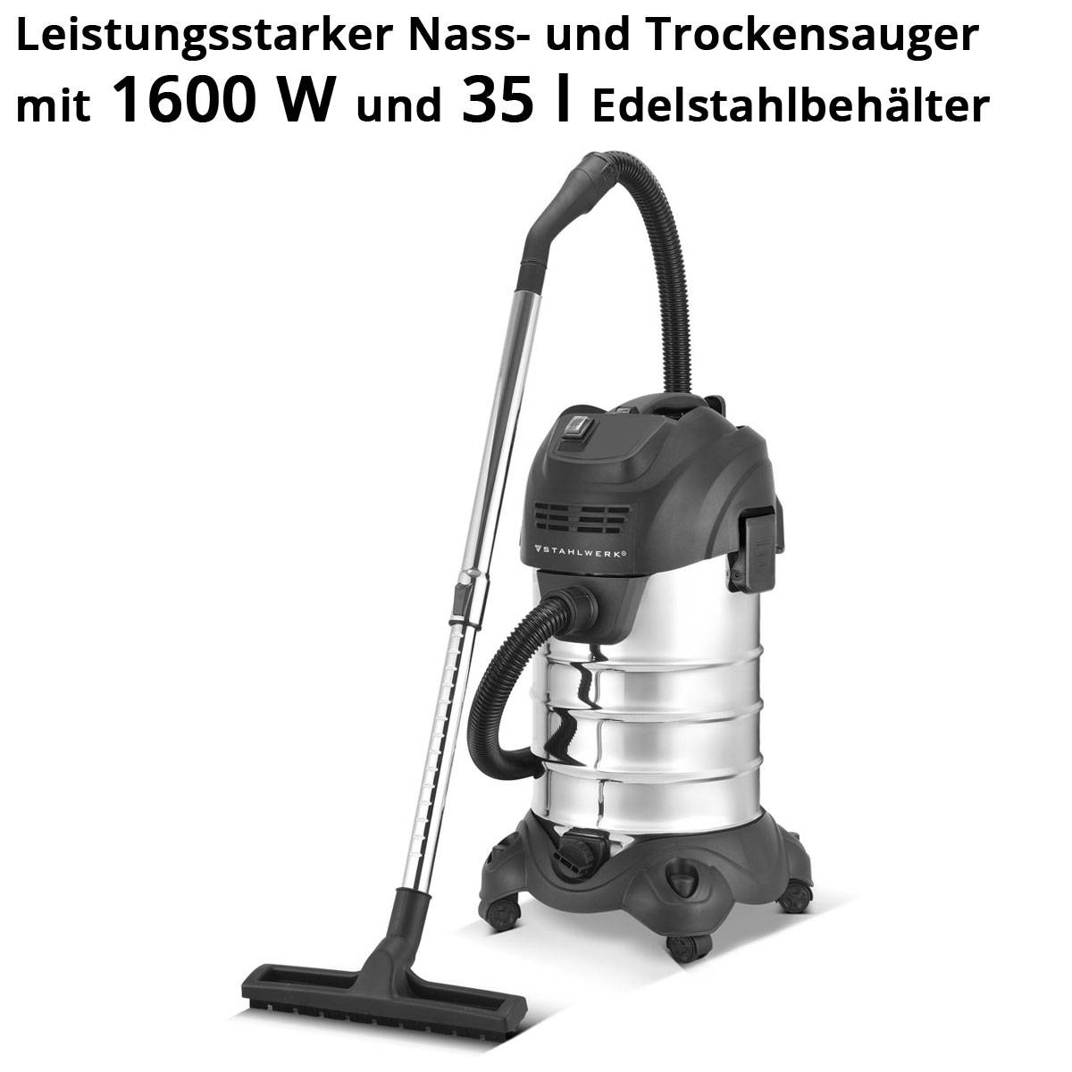 Leistungsstarker Nass- und Trockensauger mit 1600 W und 35 l Edelstahlbehälter