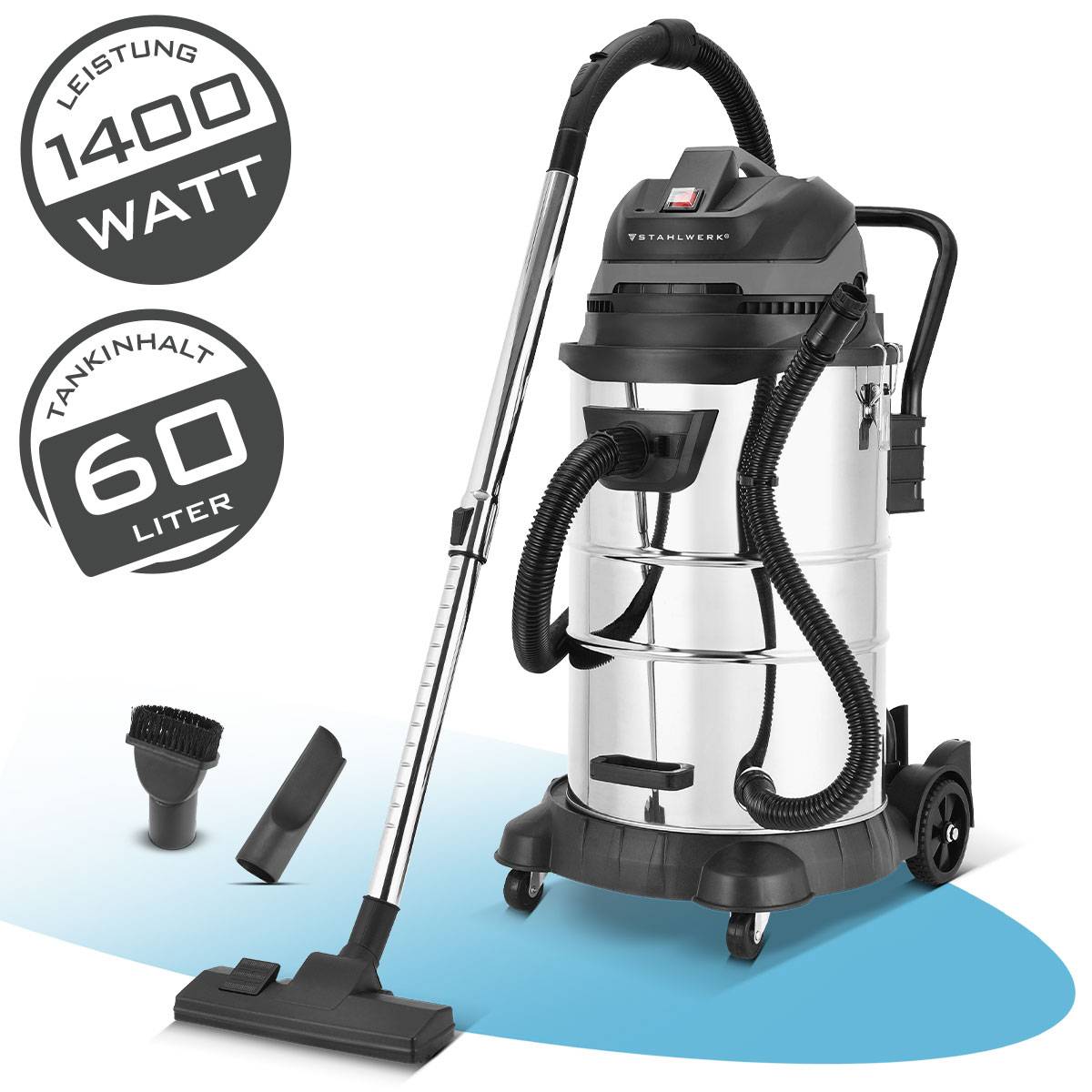 Industriestaubsauger, 1400 Watt Leistung, 60-Liter-Kapazität. Inklusive Schlauch mit Zubehör und Rädern für Mobilität.