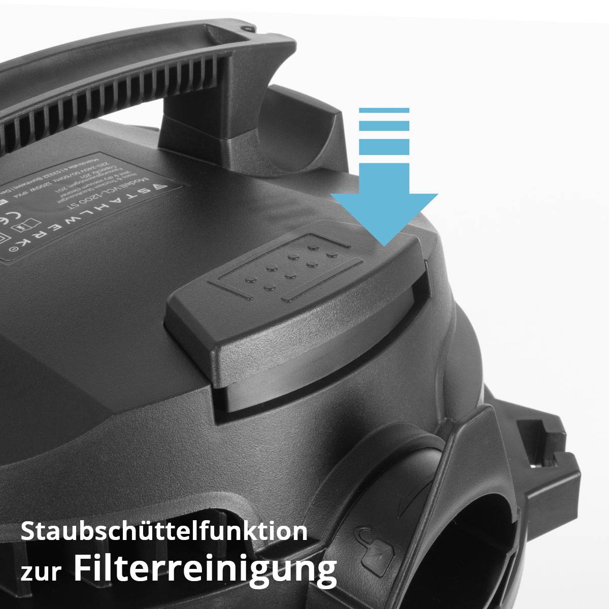 Ein Staubsauger mit einer Kennzeichnung „Staubschüttelfunktion zur Filterreinigung