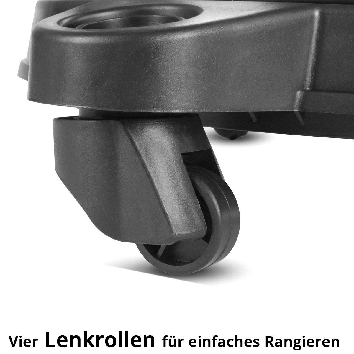 Eine Nahaufnahme eines schwarzen Lenkrads an Möbeln mit Text auf Deutsch: „Vier Lenkrollen für einfaches Rangieren,