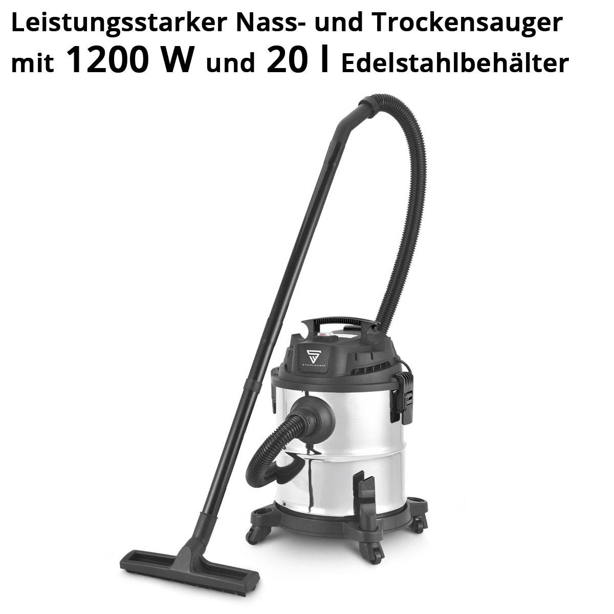 Leistungsstarker Nass- und Trockensauger mit 1200 W und 20 l Edelstahlbehälter