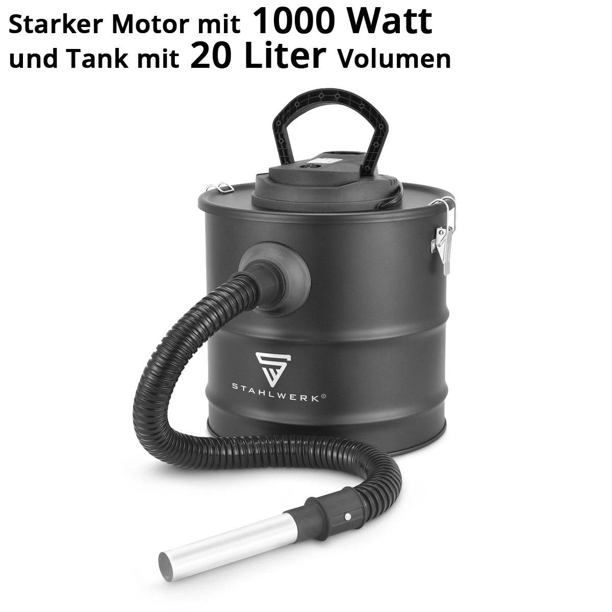 Aschesauger mit 1000-Watt-Motor und 20-Liter-Kapazität. Inklusive Griff, Schlauch und Düse. Schwarz mit Markenlogo.