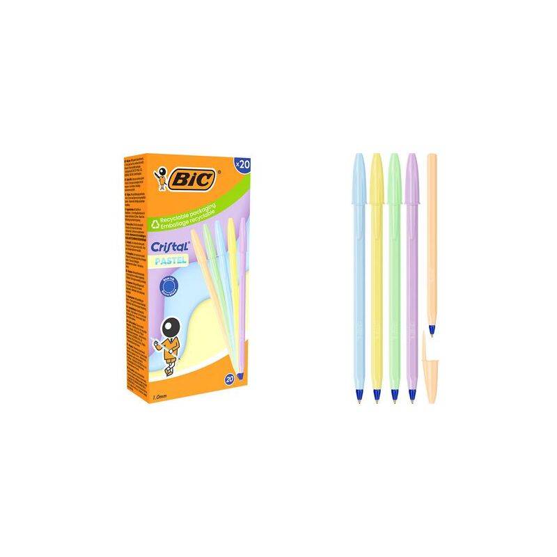 BIC Cristal Stifte, 20er-Pack. Vier Stifte mit blauem Tint in Pastellfarben: blau, grün, rosa, gelb. Die Schachtel zeigt die Stifteigenschaften.