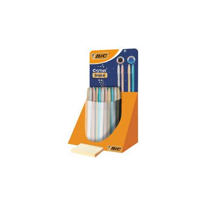 BIC Cristal Glace Stifthalter mit sortierten pastellfarbenen Stiften und einem Stapel Haftnotizen an der Vorderseite.