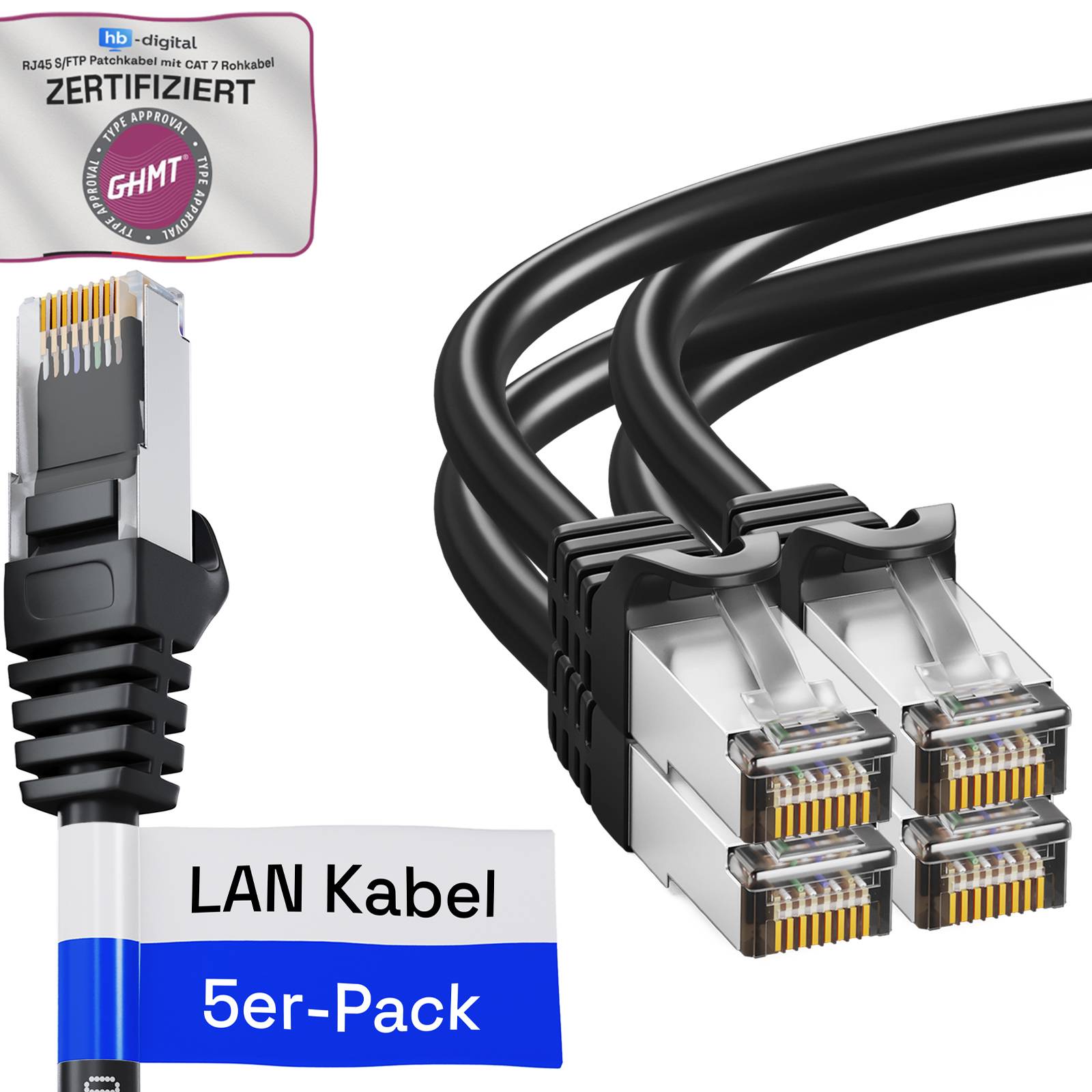 hb-digital 5x Netzwerkkabel 1.5m CAT7 RJ45 S/FTP PiMF LSZH halogenfrei schwarz