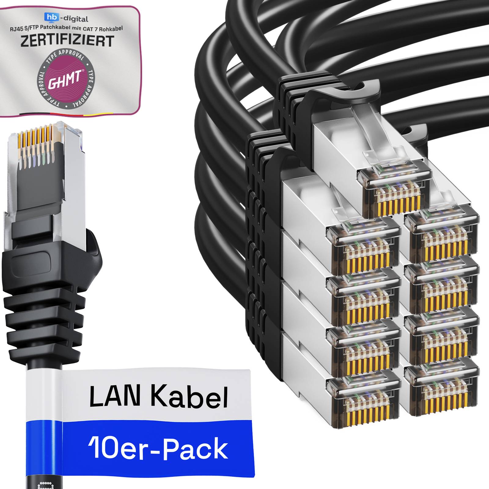 hb-digital 10x Netzwerkkabel 7.5m CAT7 RJ45 S/FTP PiMF LSZH AWG 26 halogenfrei schwarz