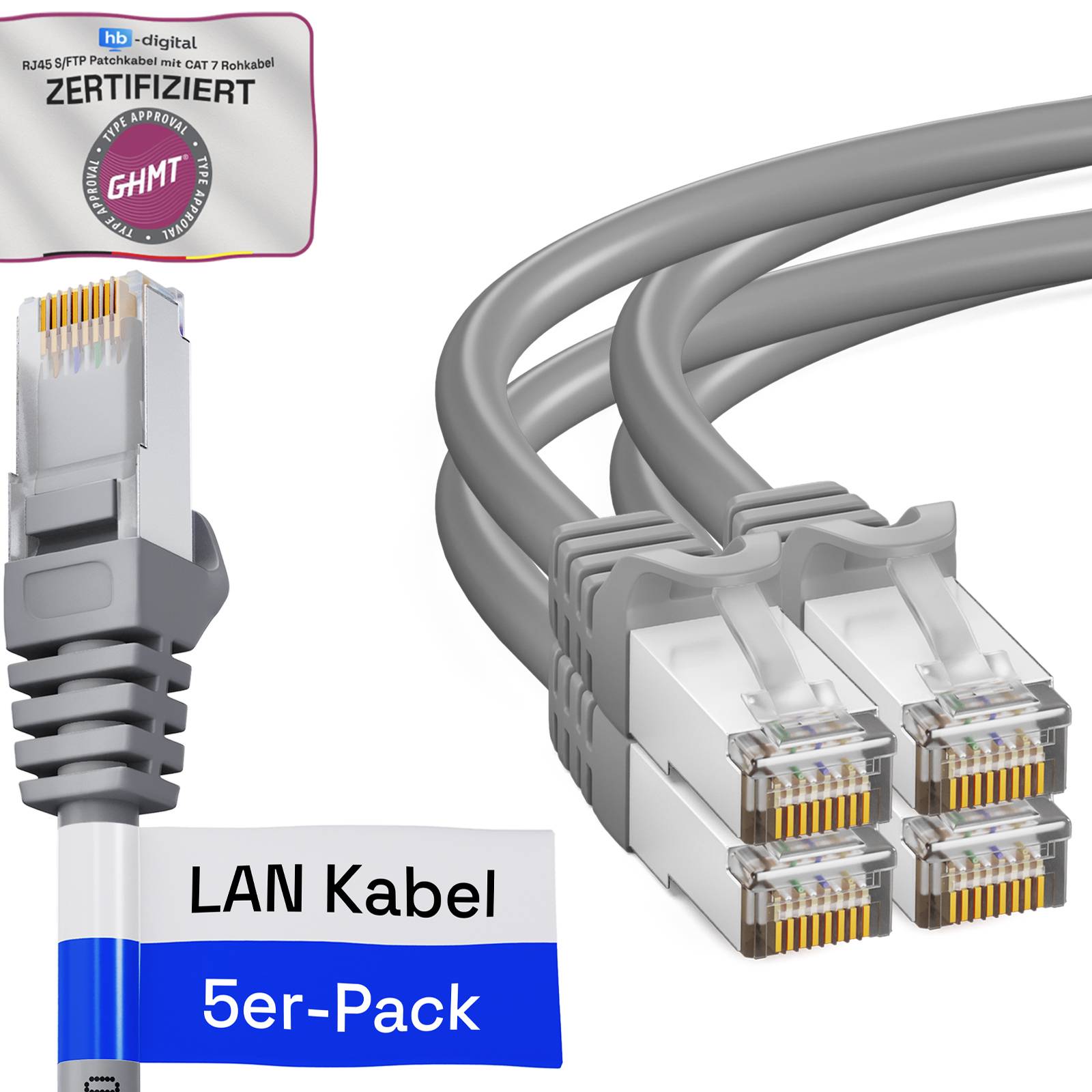 hb-digital 5x Patch Kabel 0.5m CAT7 RJ45 S/FTP PiMF LSZH AWG 26 halogenfrei grau