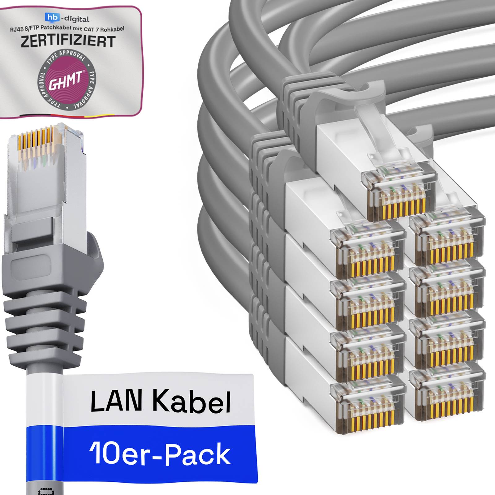 hb-digital 10x Patchkabel 0.25m CAT7 RJ45 S/FTP PiMF LSZH AWG 26 halogenfrei grau
