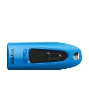 Blauer SanDisk USB-Stick auf weißem Hintergrund dargestellt, wobei die Steckeröffnung am rechten Ende sichtbar ist.