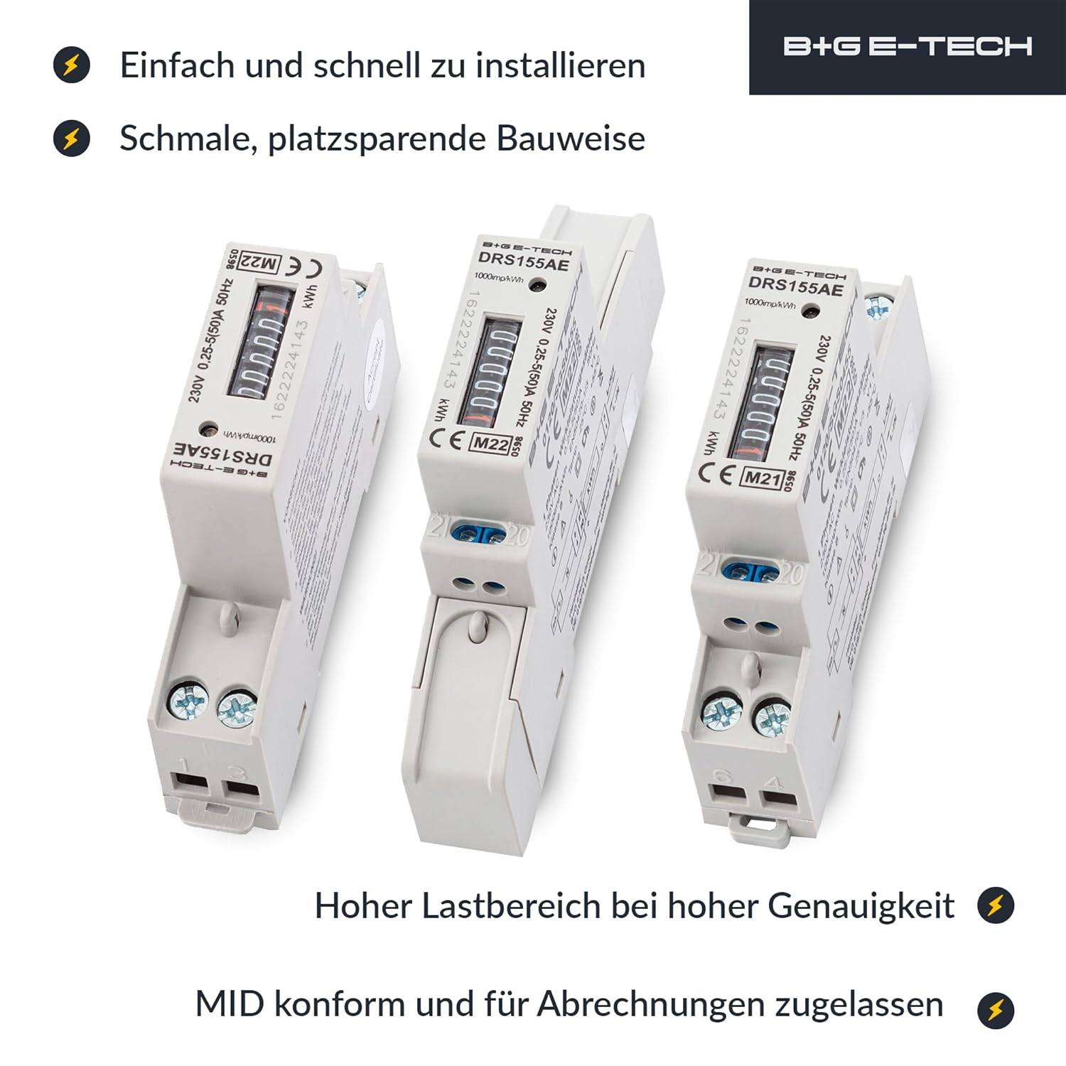 B+G E-Tech DRS155AE - Wechselstromzähler mit Rollenzählwerk Hutschiene 50A MID 2026 Stromzähler digital
