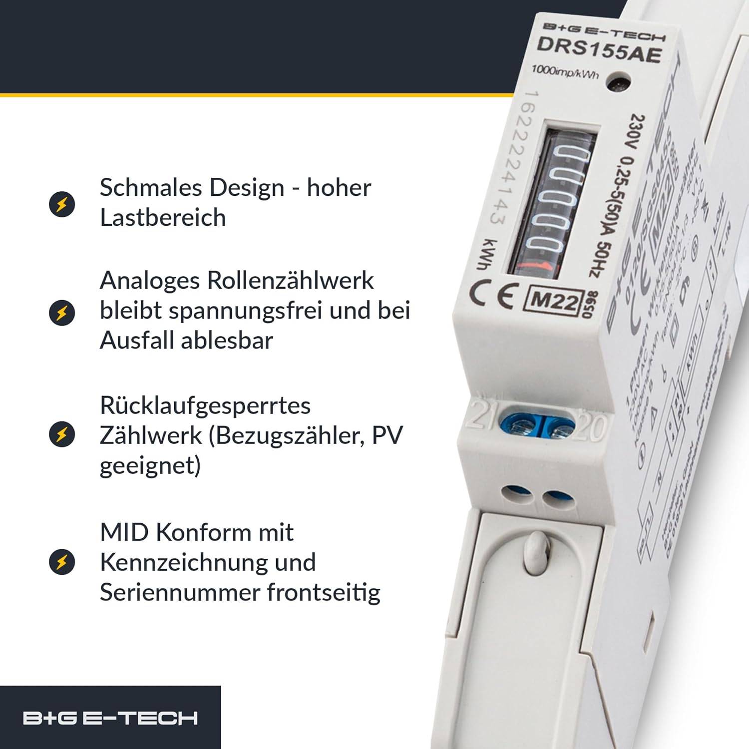 B+G E-Tech DRS155AE - Wechselstromzähler mit Rollenzählwerk Hutschiene 50A MID 2026 Stromzähler digital