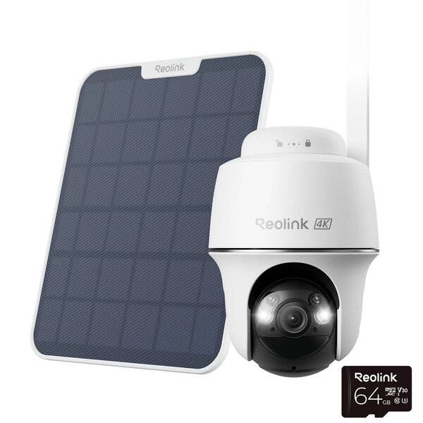 Reolink 4K-Sicherheitskamera mit Solarpanel und 64GB-Speicherkarte auf weißem Hintergrund.