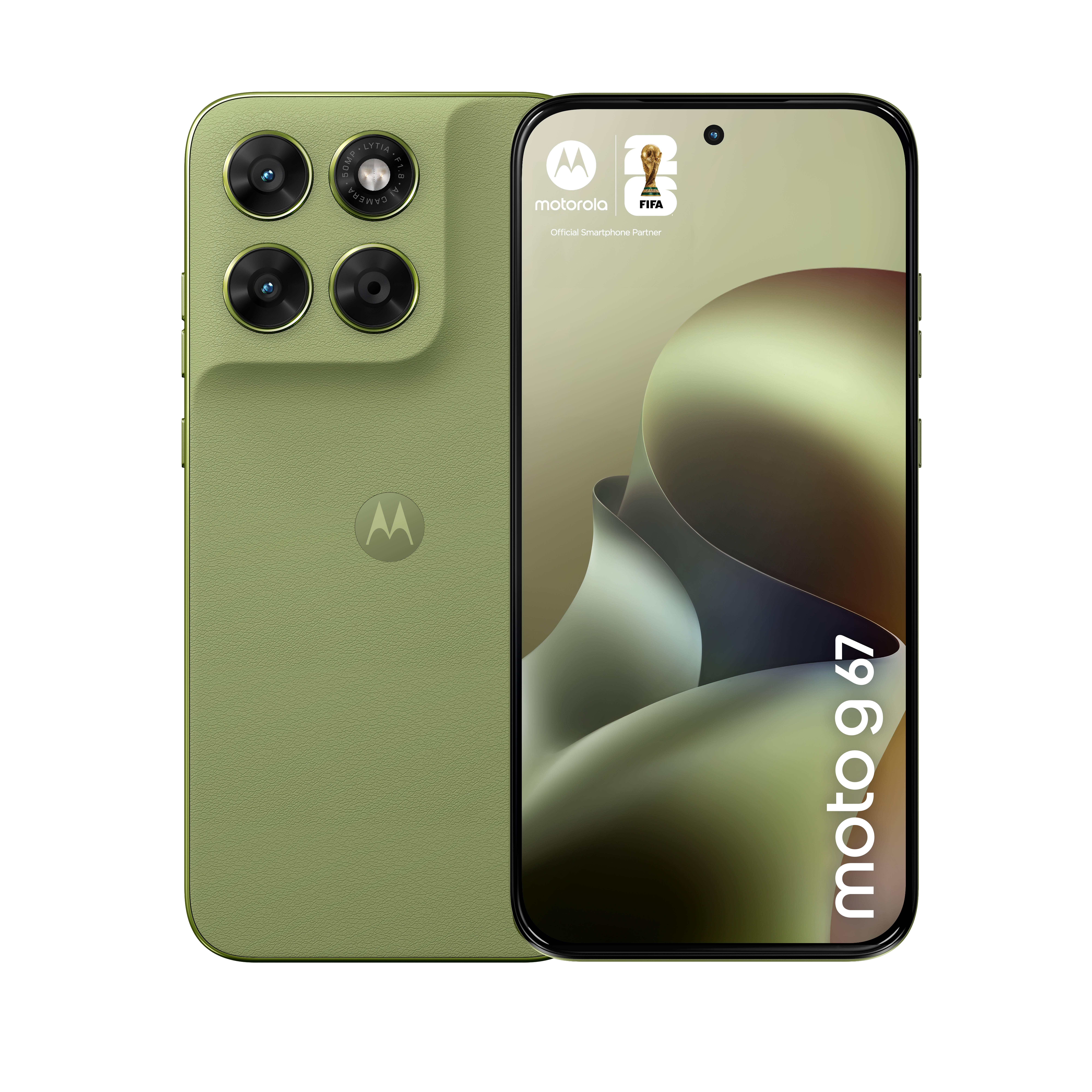 Grünes Motorola Moto G67 Smartphone von vorne und hinten gezeigt, mit vier rückseitigen Kameras und 