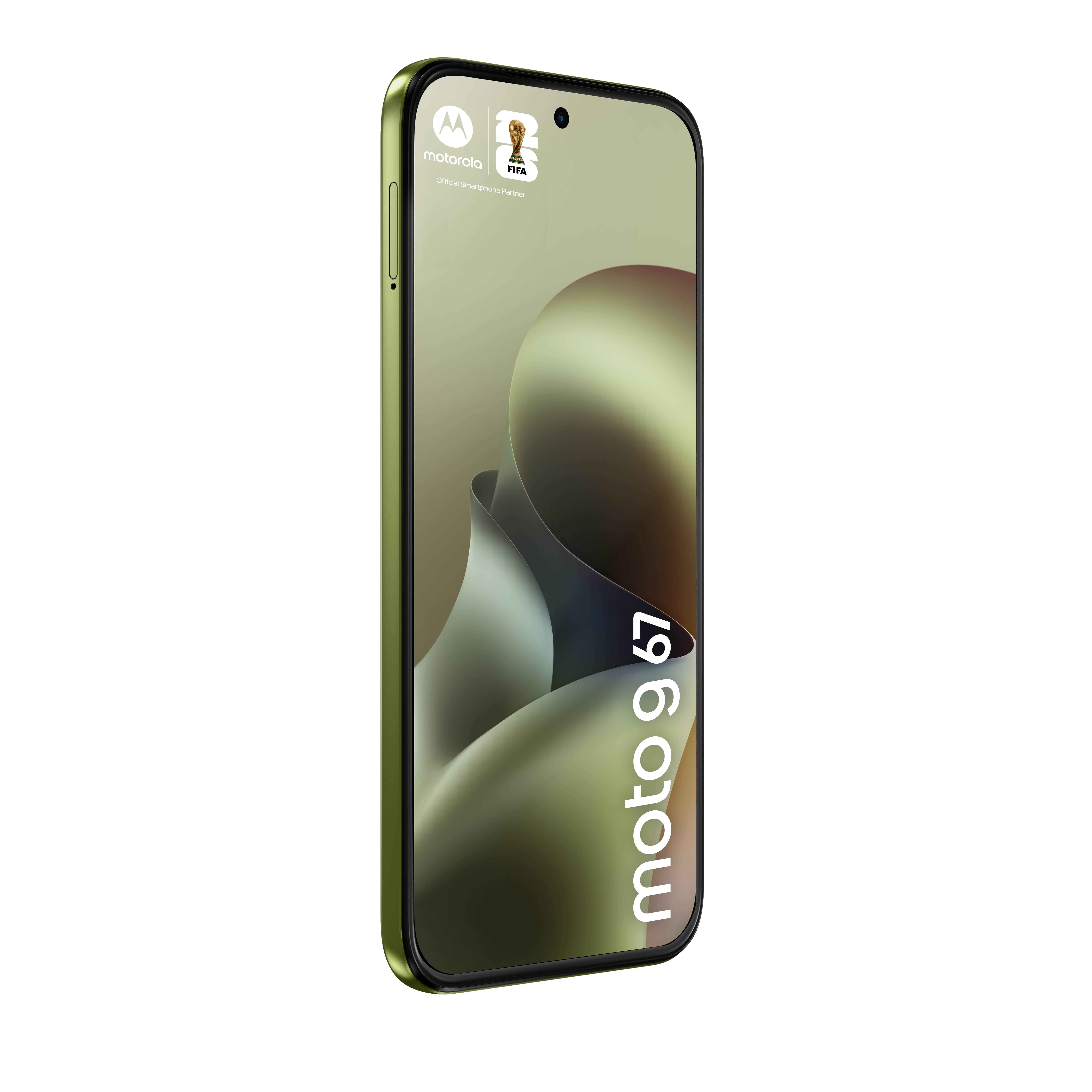 Motorola-Smartphone unter einem Winkel auf schwarzem Hintergrund gezeigt, mit „moto g7