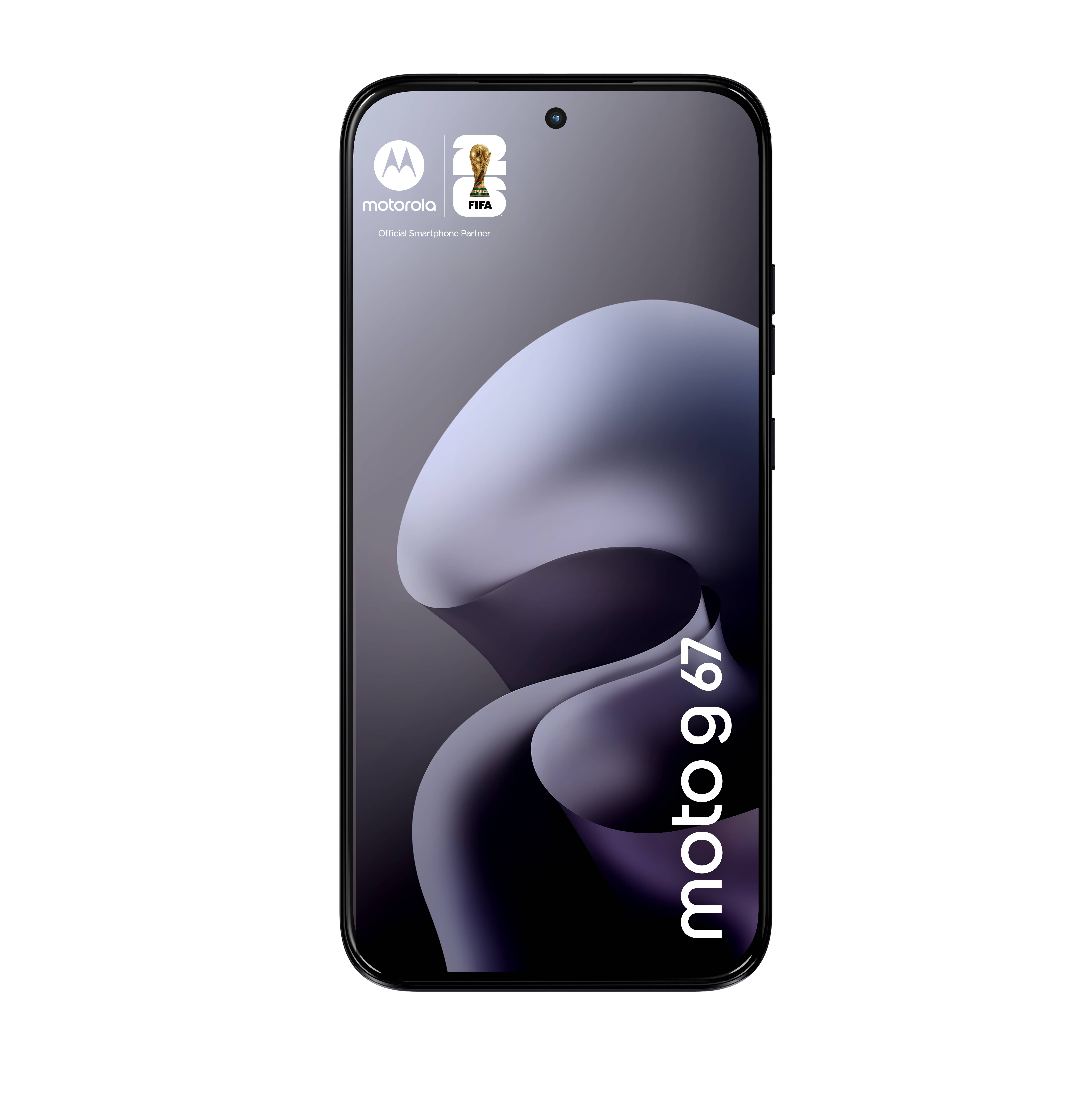 Motorola-Smartphone frontal dargestellt mit abstraktem violettem Hintergrundbild und Logos oben links, einschließlich 