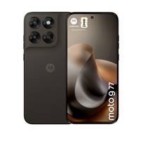 Schwarzes Motorola Moto G77 Smartphone von vorne und hinten gezeigt, mit dreifacher Rückfahrtkamera und „moto g77