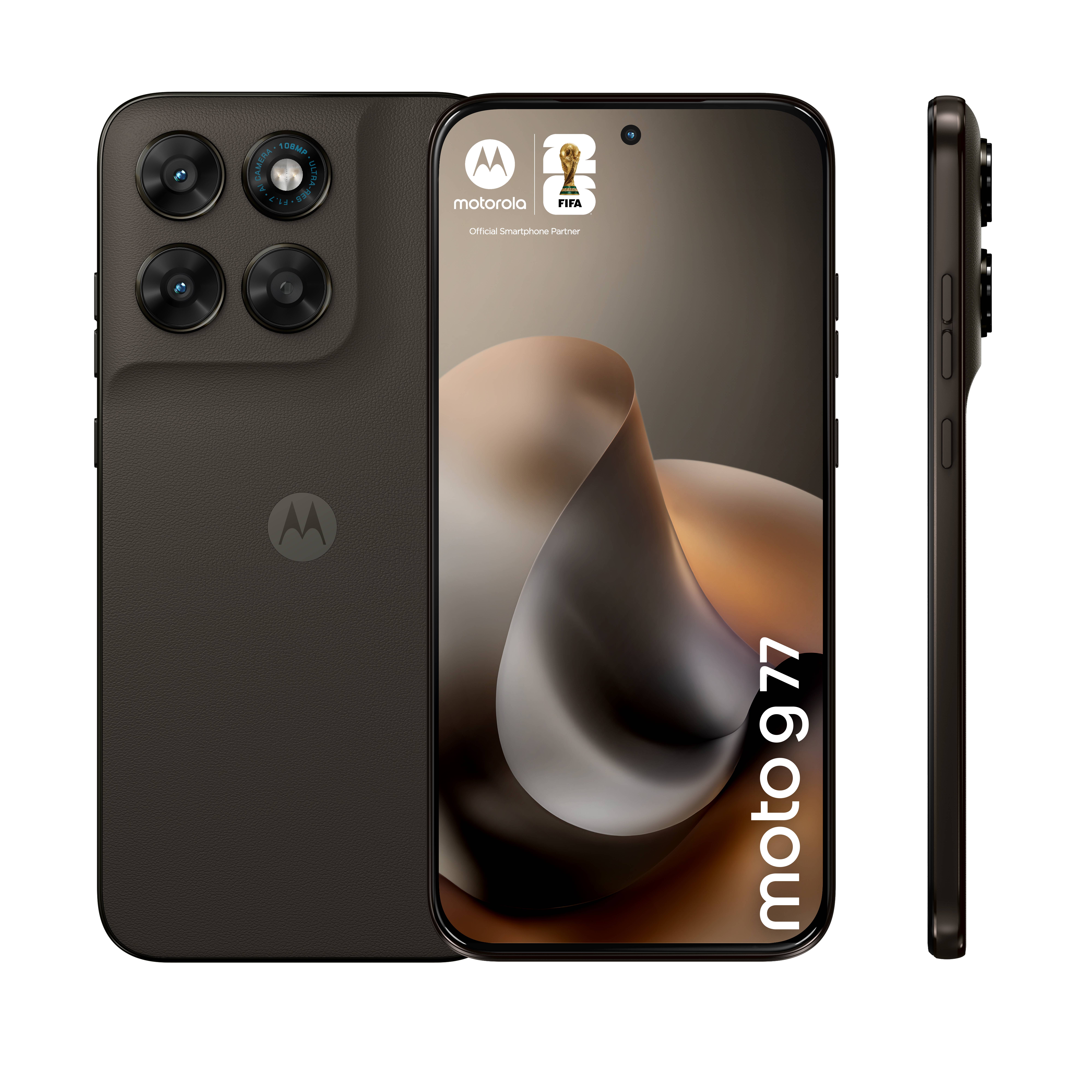 Motorola Moto G77 Smartphone von vorne, hinten und von der Seite gezeigt, mit vier rückseitigen Kameras und einer „moto g77