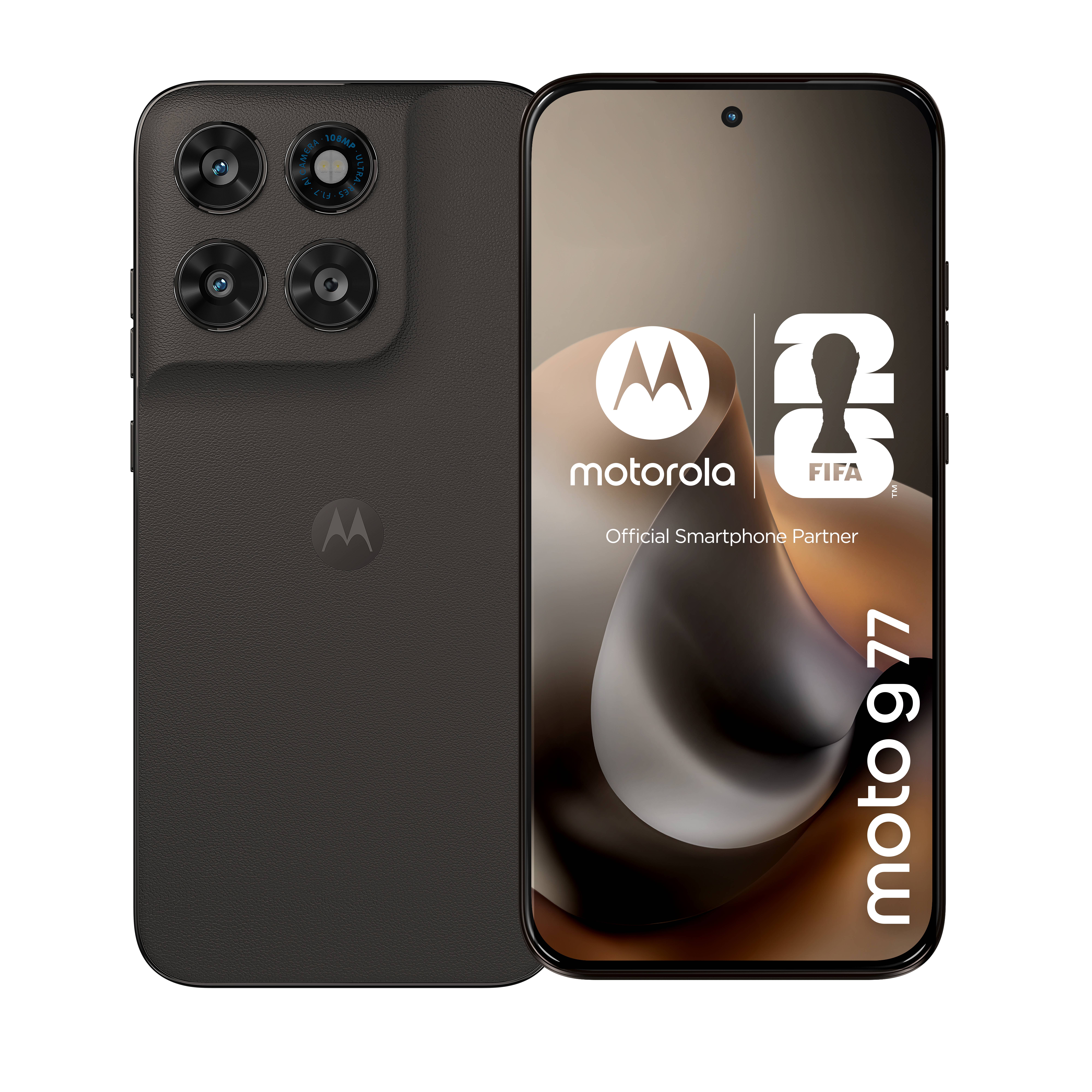 Motorola Moto G71 5G Smartphone, von vorne und hinten gezeigt, mit dreifacher Rückfahrtkamera und offizieller Partner-Branding der FIFA Weltmeisterschaft 2022 auf dem Bildschirm.