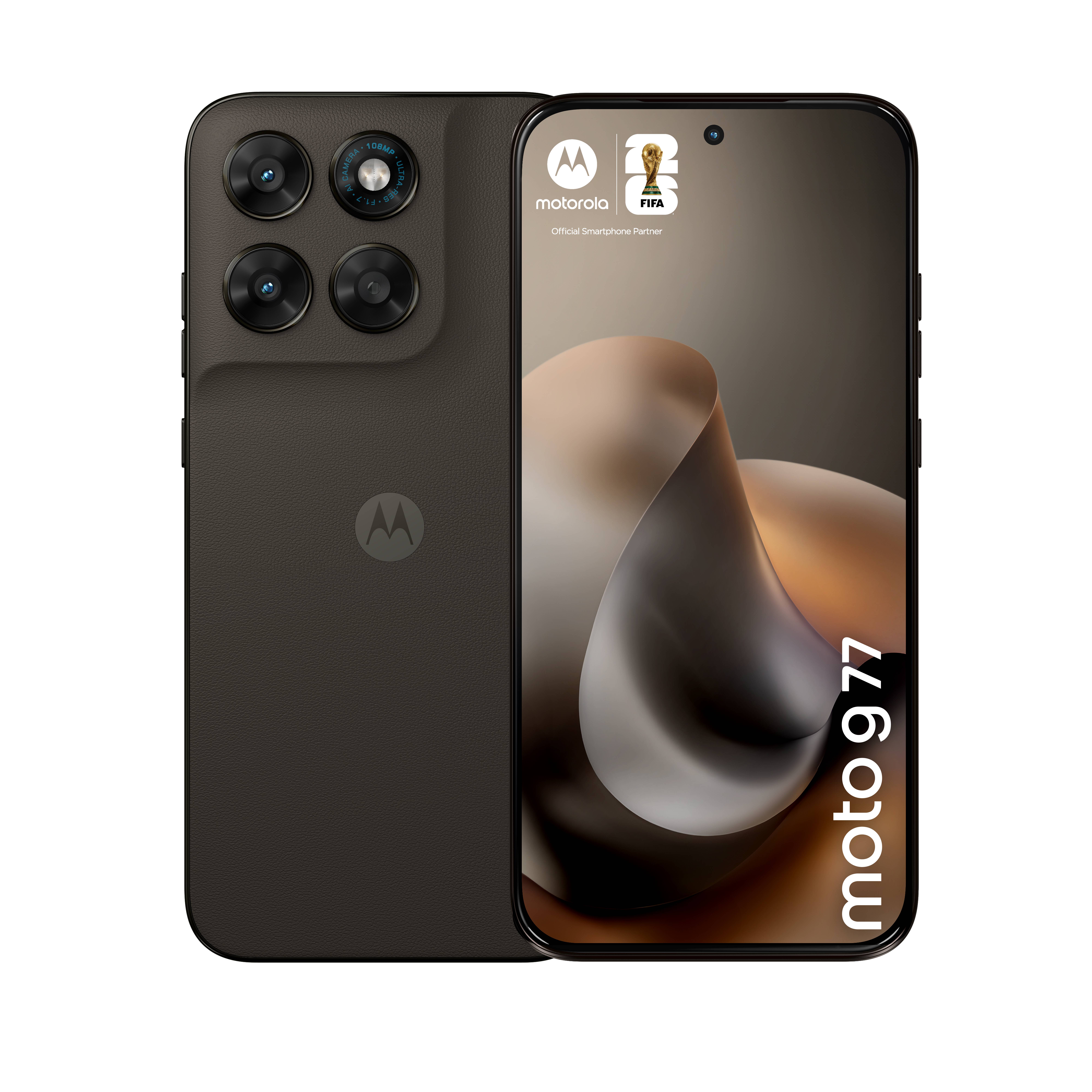 Motorola Moto Smartphone von vorne und hinten dargestellt, mit vier rückseitigen Kameras und einem Display im Stil des 