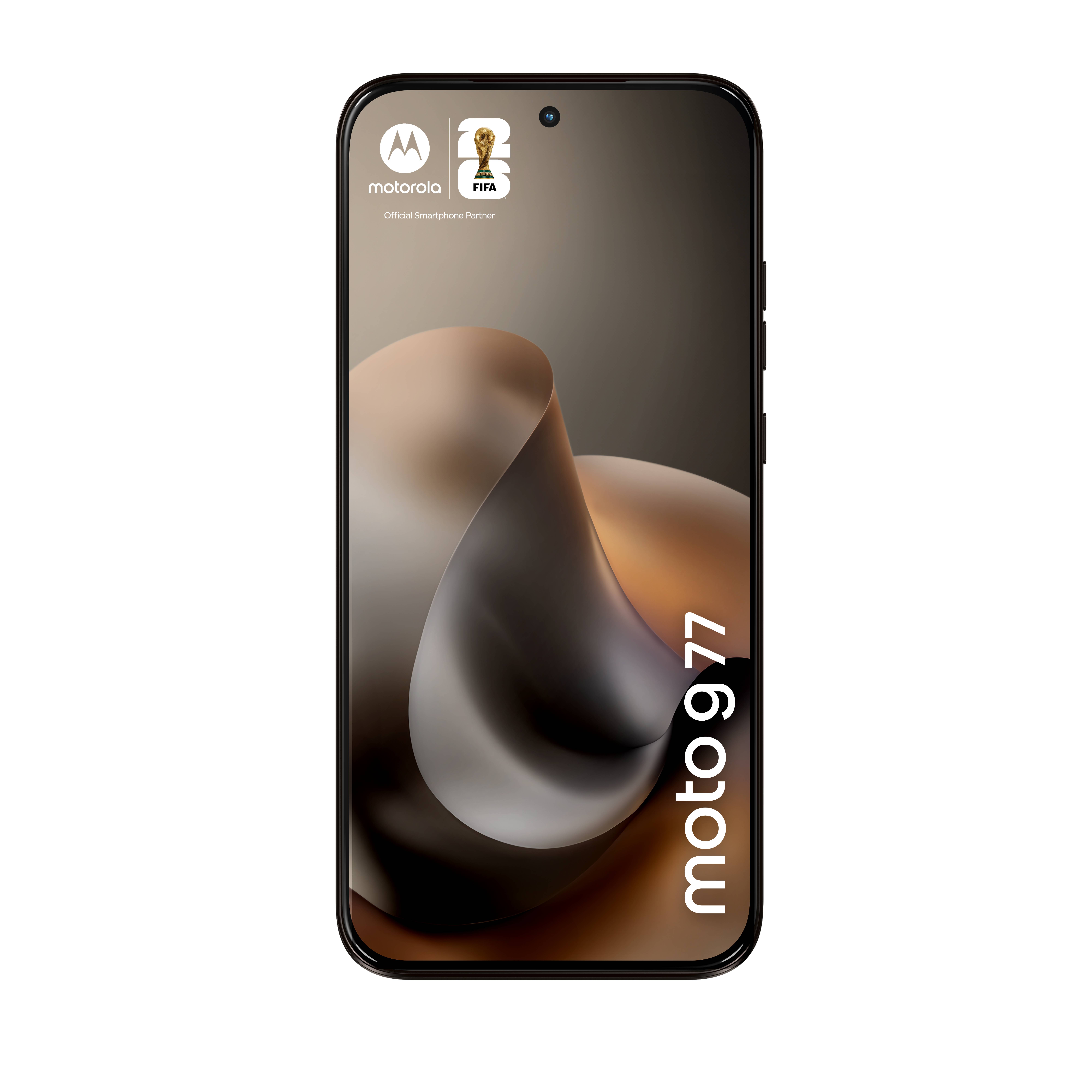 Motorola Moto G77 Smartphone frontal dargestellt mit abstraktem braun und grauem Hintergrundbild und vertikal angeordnetem Text „moto g77