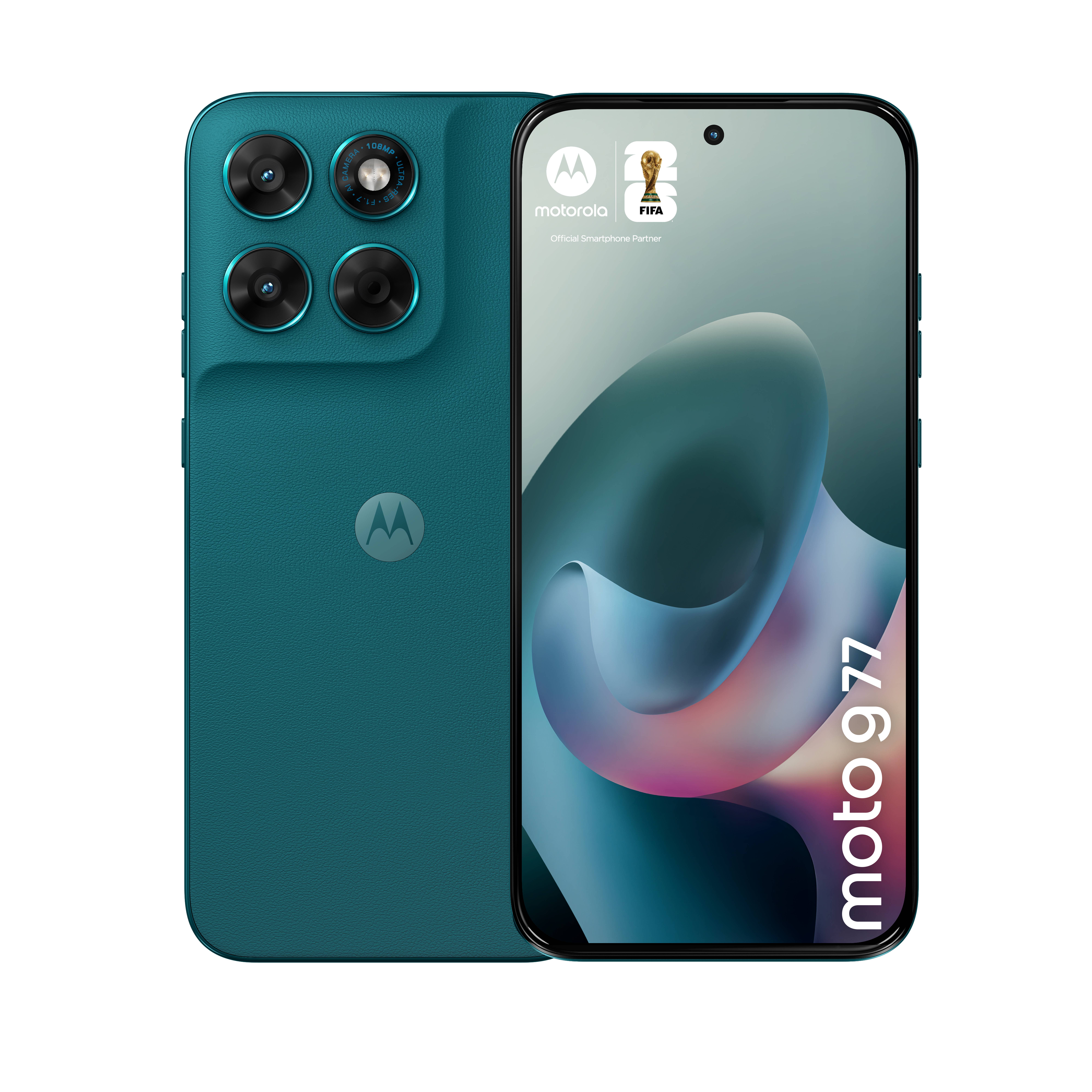 Schwarzes Motorola-Smartphone von vorn und hinten gezeigt, mit hervorgehobener Quad-Rückkamera und einem Display mit „moto g 77