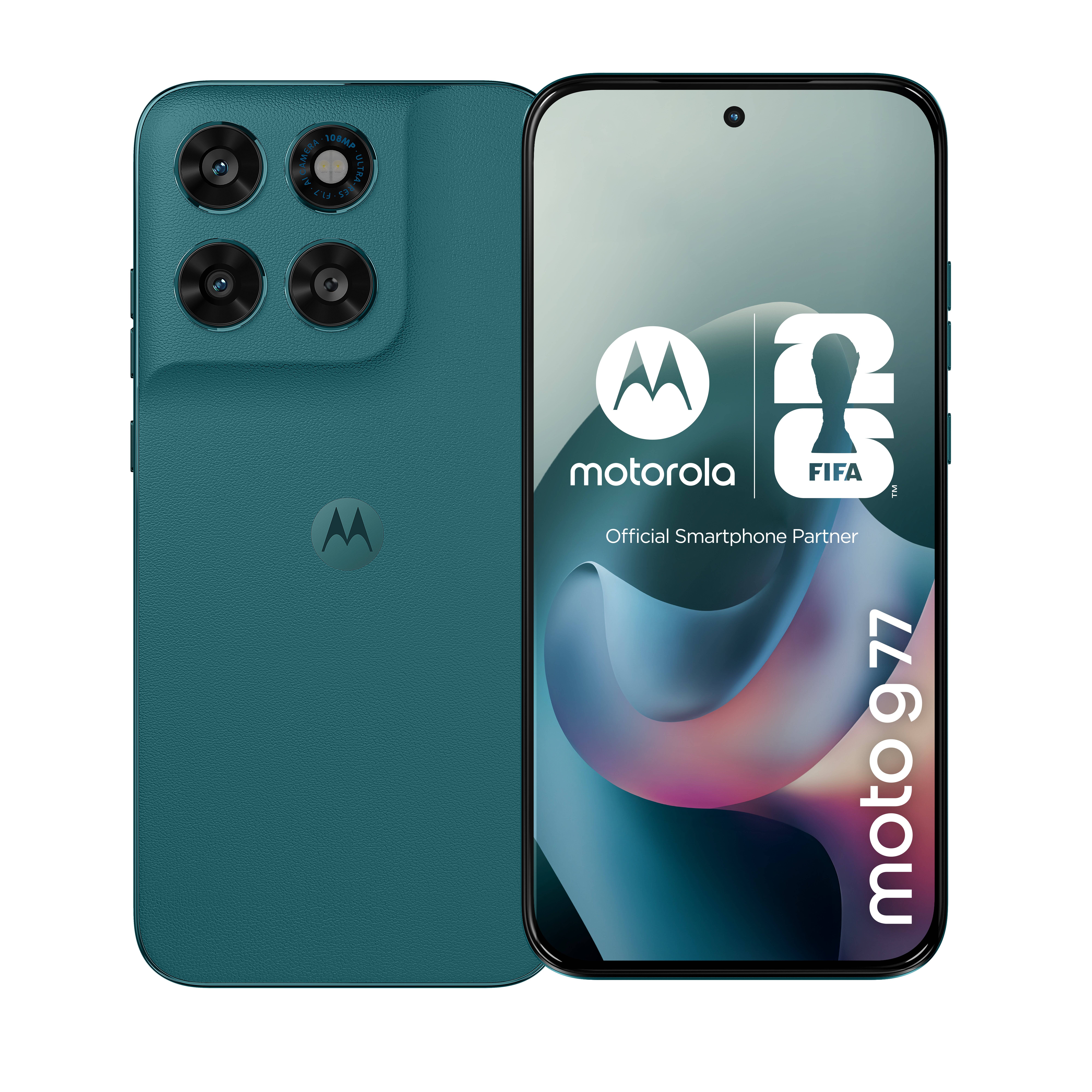 Motorola Moto G77 Smartphone von vorne und hinten in Türkis dargestellt, mit vier rückseitigen Kameras und dem FIFA-Branding für offiziellen Smartphone-Partner auf dem Bildschirm.
