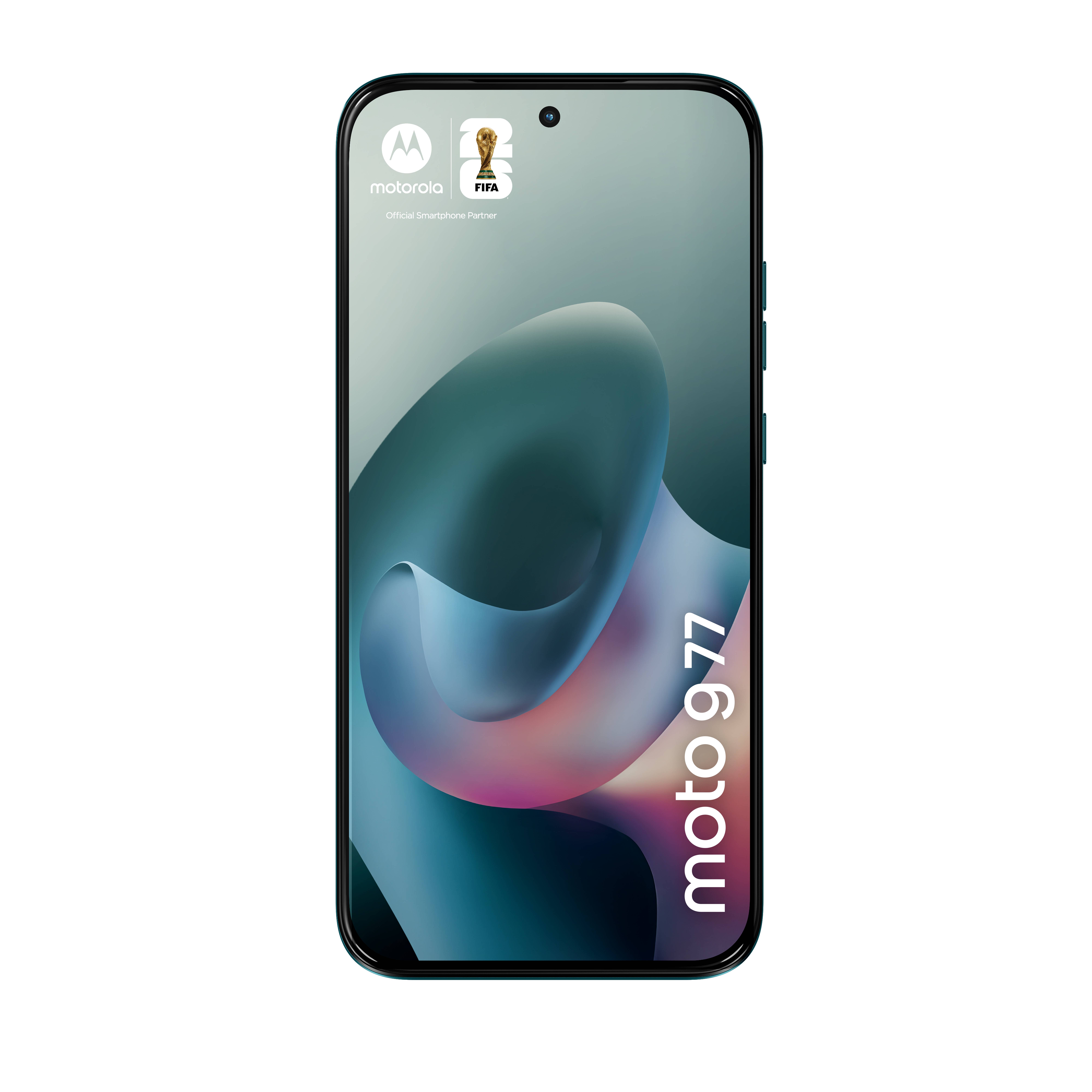 Motorola Moto G77 Smartphone frontal dargestellt mit abstrakter blau-violetter Hintergrundbild und 